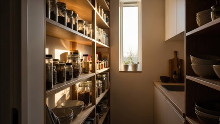 Kitchen interior with wooden shelves and utensils on the shelvesの素材