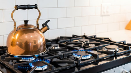 Close-up of a kettle on a gas stove in the kitchenの素材