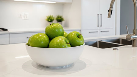 Green apples in a white bowl on a white kitchen countertop.の素材