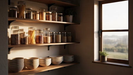 Shelves with different products in kitchen, closeup. Interior designの素材