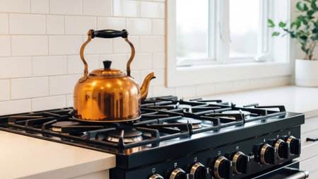 copper kettle on the gas stove in the kitchen, close upの素材