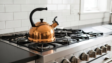 Vintage copper kettle on a gas stove in a modern kitchen.の素材