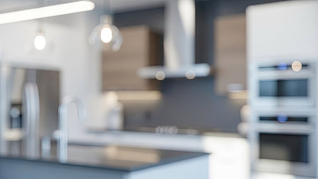 Blurred image of modern kitchen interior and bokeh background.の素材