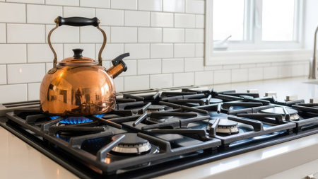 Closeup of a copper kettle on a gas stove in the kitchenの素材
