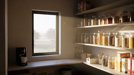 Kitchen shelves with different food products in the kitchen. 3d renderの素材