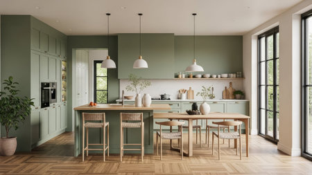 3d Illustration of green modern kitchen in a house with a beautiful designの素材