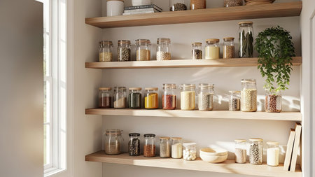 Shelves with different types of spices and herbs in pantryの素材