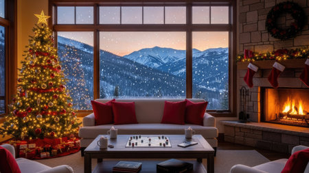 Comfortable sofa with red cushions against view of snowy mountain rangeの素材