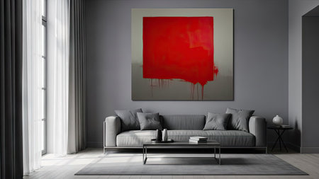 Modern living room interior with black sofa and red painting on the wall - renderingの素材