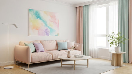 interior with pink sofa 3d rendering illustration mock up on the wallの素材