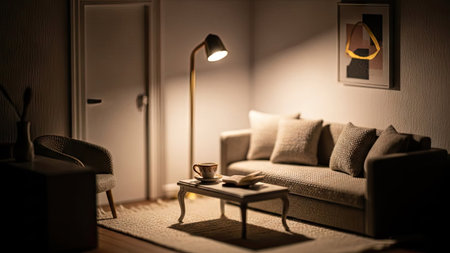 Interior of a living room with a sofa, a coffee table and a lampの素材