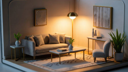 Interior of modern living room with sofa and coffee table at nightの素材