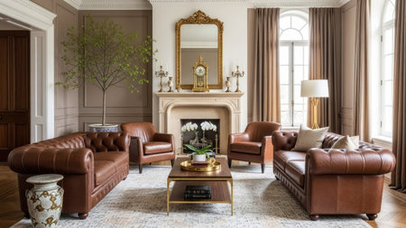 Luxury living room with leather sofas and fireplace.の素材