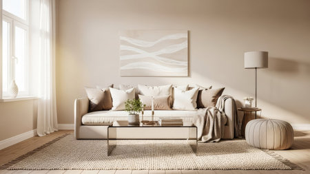 interior with brown sofa. 3d render illustration mock-upの素材