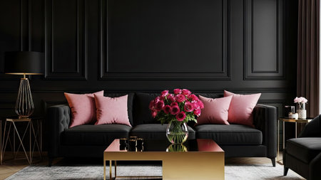 Black sofa with pink pillows in modern interior with copy space. 3D renderの素材