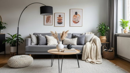 Interior of living room with grey sofa, coffee table and plantsの素材