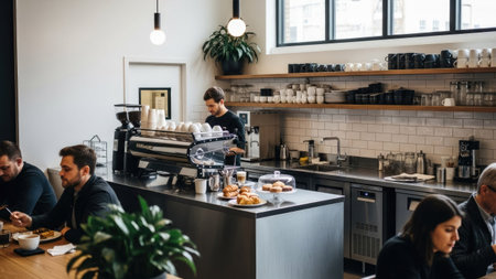 Coffee shop. Barista pouring coffee in coffee machine.の素材