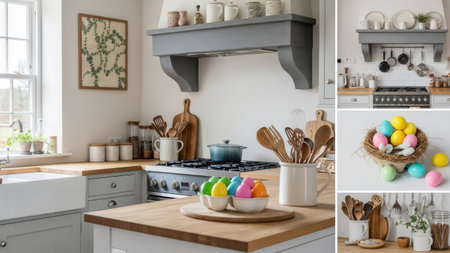 Collage of modern kitchen interior in scandinavian style with wooden utensilsの素材