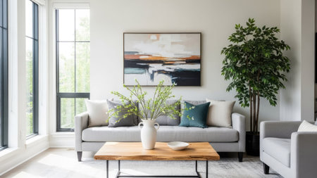 Interior of modern living room with white sofa, coffee table and plantの素材
