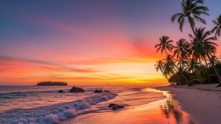 Tropical beach with palm trees at beautiful sunset in Sri Lankaの素材