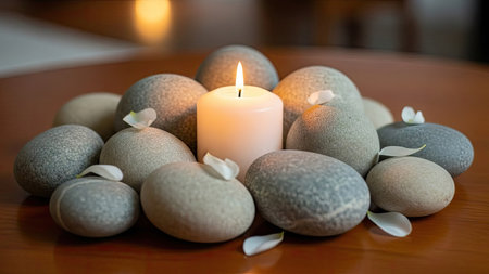 Spa still life with a candle and stones on a wooden tableの素材