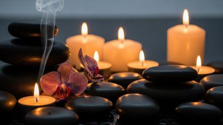 Spa still life with burning candles, orchid flower and zen stonesの素材