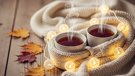 Two cups of hot tea wrapped in a warm knitted scarf on a wooden background.の素材