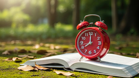 Alarm clock and book on green grass in the park with sunlightの素材