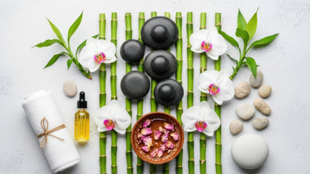 Spa and wellness setting with white orchids and zen stonesの素材