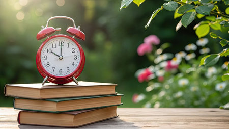 Alarm clock and books on wooden table in garden. Education conceptの素材