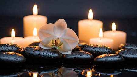 Spa stones with orchid flower and candles on black background.の素材