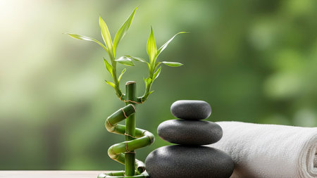 Spa still life with zen stones and bamboo on green backgroundの素材
