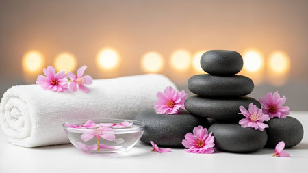Spa still life with zen stones, flowers and candles on light backgroundの素材