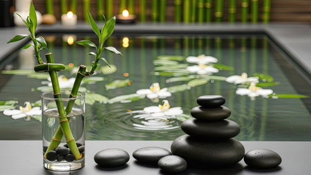 Spa still life with zen stones, bamboo and flowers in waterの素材