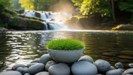 Beautiful green grass in a pot on the background of a waterfallの素材
