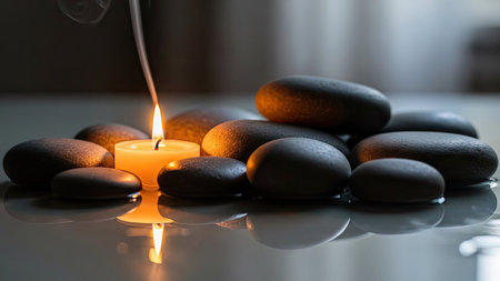 spa still life with burning candle and pebbles on black backgroundの素材