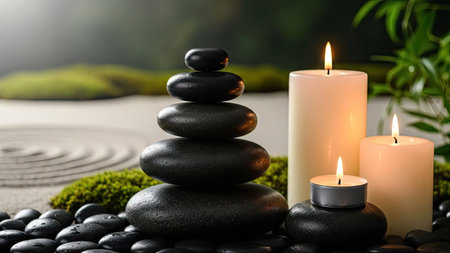 Spa stones with candles on zen garden background, closeupの素材