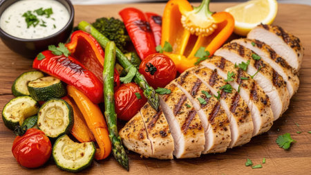 Grilled chicken breast with grilled vegetables and sauce on wooden cutting boardの素材
