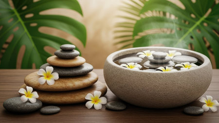 Spa stones with frangipani flowers in bowl on wooden tableの素材