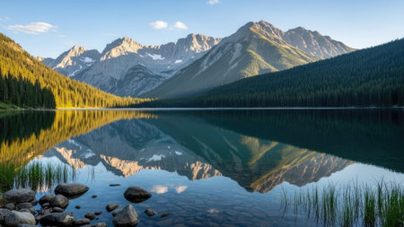 Mountain lake with reflection in Jasper National Park, Alberta, Canadaの素材