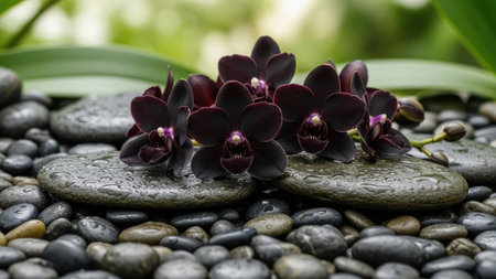 Black orchid on zen stones with water drops, closeupの素材