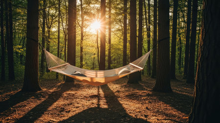 Hammock in the forest at sunset. Concept of freedom and relaxationの素材