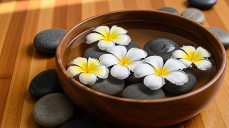 Spa stones and frangipani flowers in bowl on bamboo matの素材