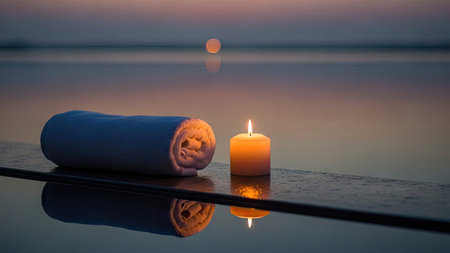 Towel and burning candle on the background of the sea.の素材