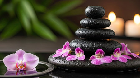 zen basalt stones and orchid flower on the black  backgroundの素材
