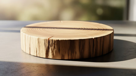 Wooden round podium for product presentation on blurred background, closeupの素材