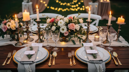 Wedding table setting with flowers, candles and cutleryの素材