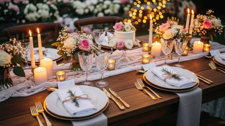 Wedding table setting with cutlery, candles and flowersの素材