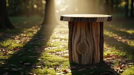 Wooden table in the park at sunset. 3d rendering.の素材