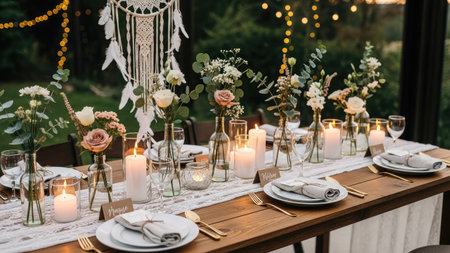 Wedding table decorated with flowers and candles on the wooden tableの素材